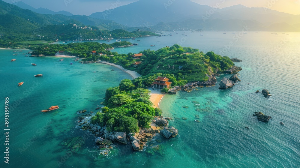 Fototapeta premium Aerial View of a Tropical Island with a Temple