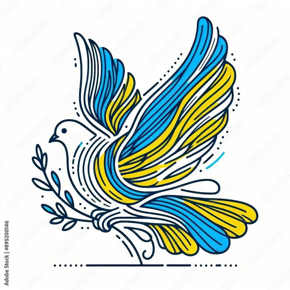 A vibrant vector illustration featuring a bird of paradise and an eagle, surrounded by swirling floral patterns, dove with a branch in the colors of the Ukrainian flag generative ai.