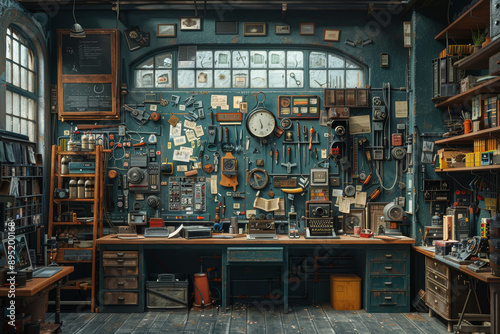 An inventor in a cluttered workshop, bringing ideas to life. Concept of innovation and creativity. Generative Ai.