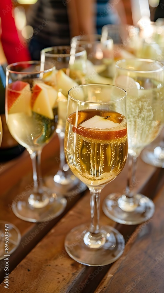Apple Cider Mimosas in Glasses on Wooden Table Apple Cider Mimosas in Glasses on Wooden Table