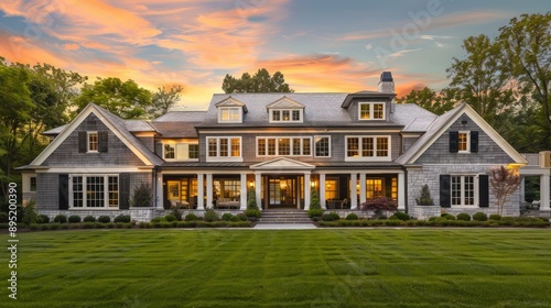 Wide-angle shot of a luxury home with a large front porch, grey shingle walls, white stone cladding, black shutters, lush green grass, and many trees at sunset. © ILOVEART