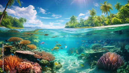 Tropical island coral reef and swimming fish