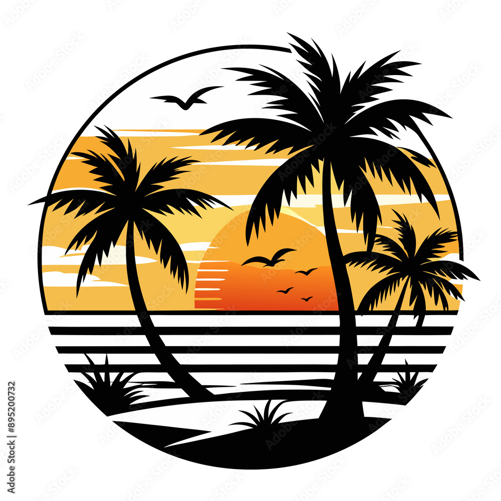 A sunset scene with black silhouettes of palm trees and flying birds creates A sunset scene with black silhouettes of palm trees and flying birds creates