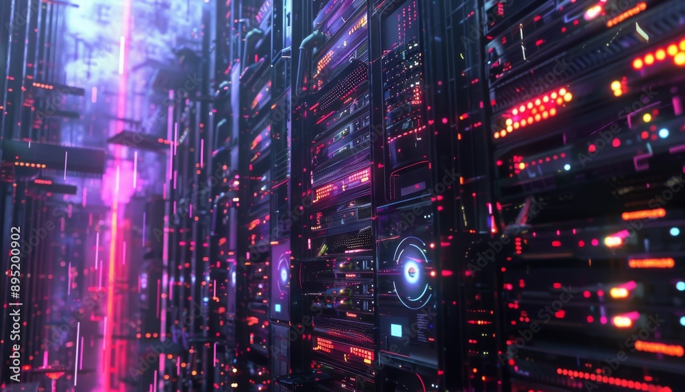 Naklejka premium Visualize a detailed 3D rendering depicting a state-of-the-art data center brimming with rack