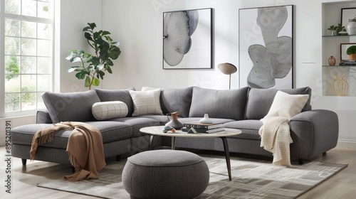 Comfortable living room setup with grey sofa, coffee table, and pouf with blanket