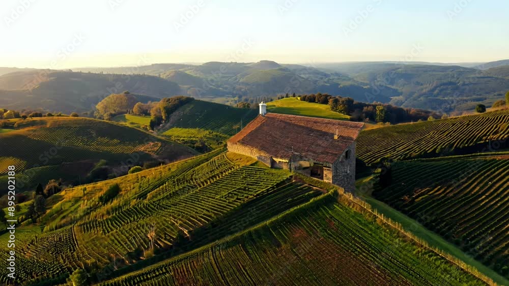 A beautiful countryside with a large house in the middle of it. The house is surrounded by vineyards and the landscape is lush and green. Concept of tranquility and serenity A beautiful countryside with a large house in the middle of it. The house is surrounded by vineyards and the landscape is lush and green. Concept of tranquility and serenity