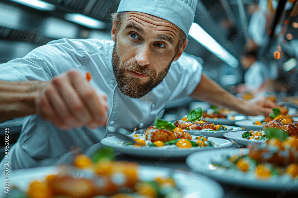A chef meticulously plating a gourmet dish in a bustling kitchen. Concept of culinary arts and precision. Generative Ai. A chef meticulously plating a gourmet dish in a bustling kitchen. Concept of culinary arts and precision. Generative Ai.