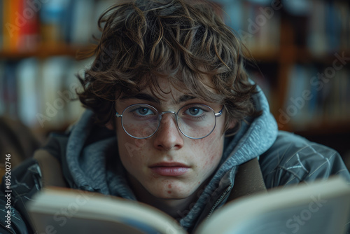 A young student engrossed in a book in a cozy library nook. Concept of learning and solitude. Generative Ai.