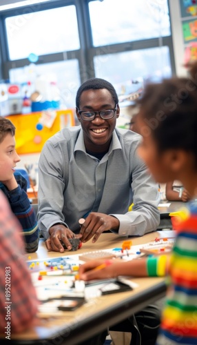 Blind Student Presenting Science Project with Tactile Models in Engaging Classroom Setting photo