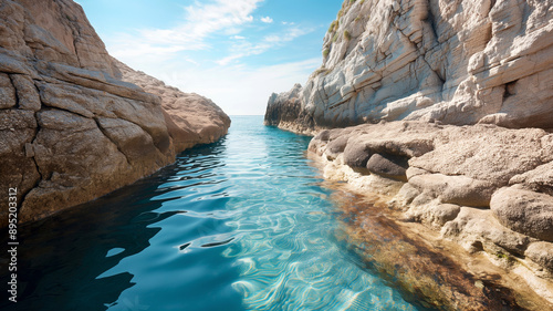 Serene view of a clear blue waterway between rocky cliffs under a bright sky.