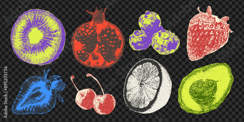 A set of brightly colored cut out fruit stickers. Trendy collage, retro photocopy effect. Grunge grain texture.