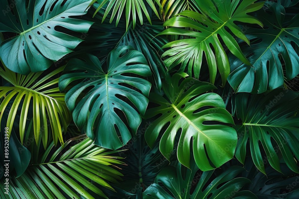closeup nature view of green leaf and palms background. Flat lay, dark nature concept, tropical leaf