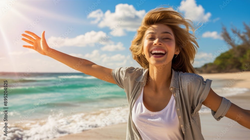 A woman on the beach with her arms outstretched and smiling, AI A woman on the beach with her arms outstretched and smiling, AI