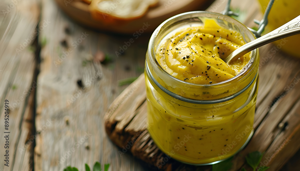 Mustard sauce in a glass jar with a spoon, wooden table Mustard sauce in a glass jar with a spoon, wooden table