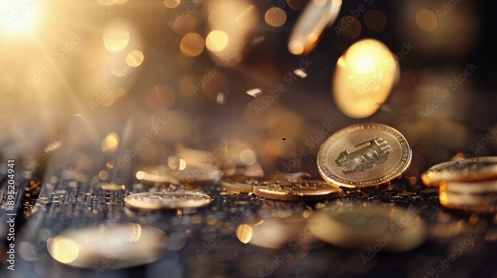Golden Coins On A Wooden Surface Golden Coins On A Wooden Surface