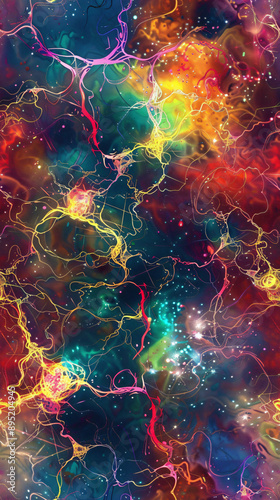 Abstract universe background with seamless pattern of colorful glowing nebula clouds