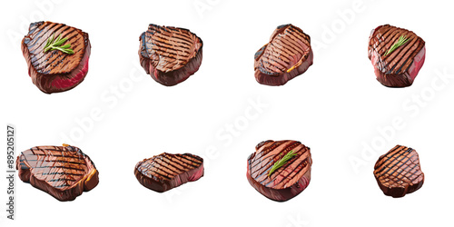 Multiple graphical illustrations of beef steak