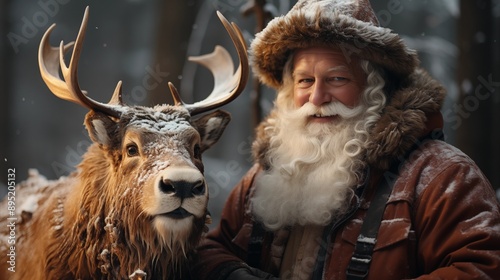 Wallpaper Mural Santa Claus with reindeer in winter forest. Concept of new year celebration, Christmas celebration. Torontodigital.ca