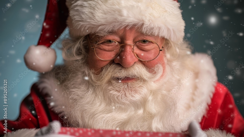 Close-up of Santa Claus face with snowflakes falling, wearing glasses and a red hat. Close-up of Santa Claus face with snowflakes falling, wearing glasses and a red hat.