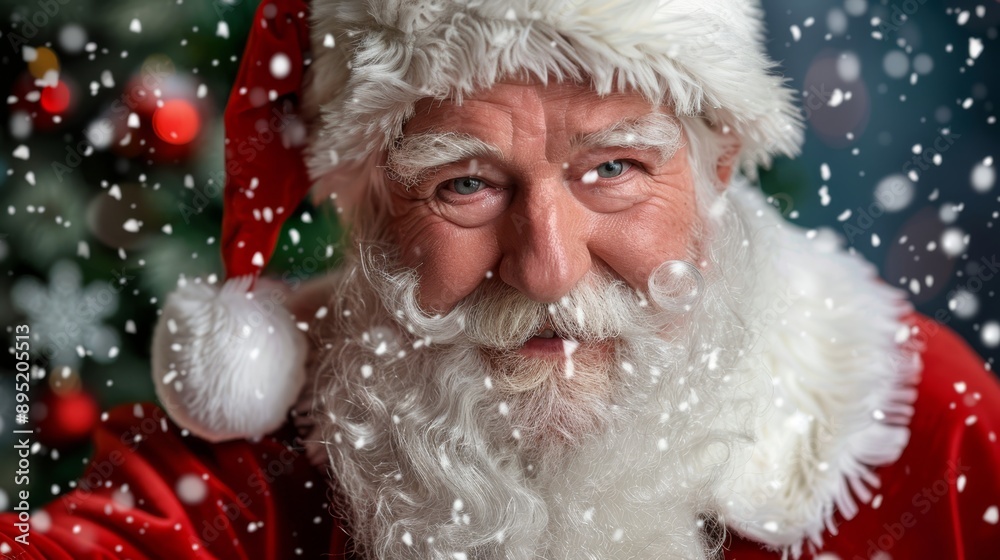 Close-up of Santa Claus face with snowflakes falling, wearing glasses and a red hat. Close-up of Santa Claus face with snowflakes falling, wearing glasses and a red hat.