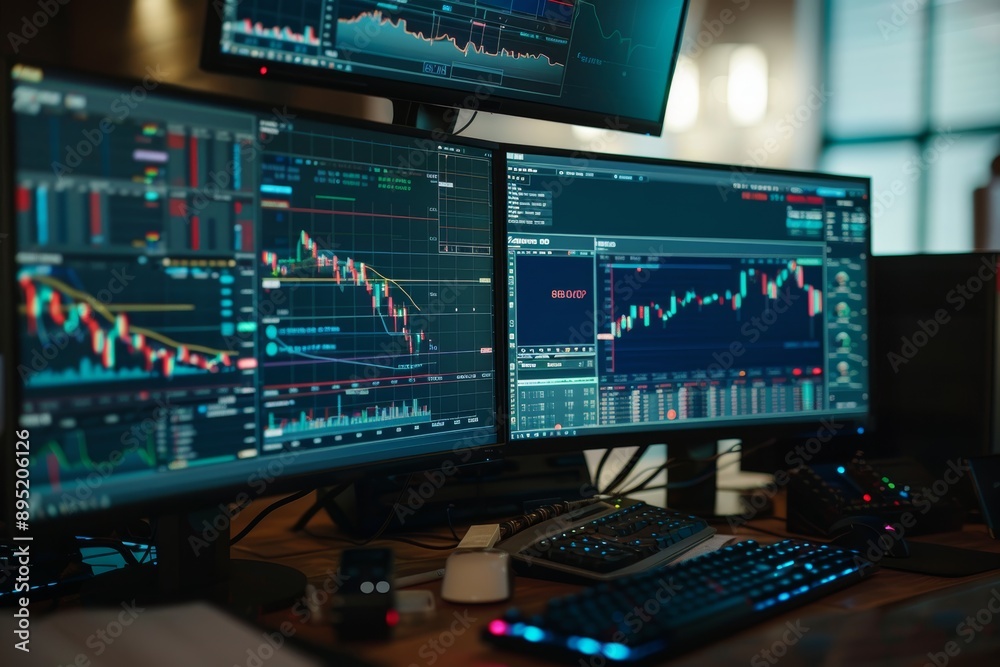 Financial Trader Analyzing Commodity Market Data on Multiple Monitors for Strategic Decisions Financial Trader Analyzing Commodity Market Data on Multiple Monitors for Strategic Decisions