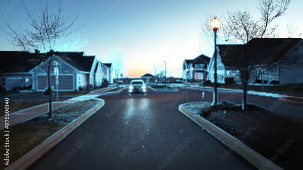 Fototapeta premium Futuristic autonomous car scanning for obstacles in American neighborhood. Blue sensor animation overlay.