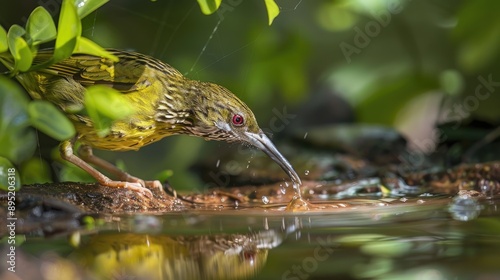 Thirsty day requires immediate water Streaked Spiderhunter observed with distinctive beak on vine near puddle in summer photo