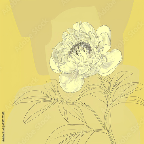 Wallpaper Mural Peony-patterned wallpaper with a solitary flower on a yellow background. Graphic design. Square orientation. Torontodigital.ca