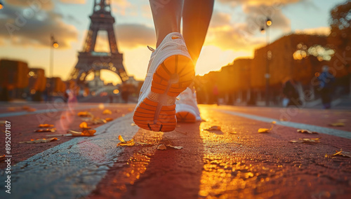 Focus on running shoes of an athlete whos running towards the eiffel tower of paris at sunset photo