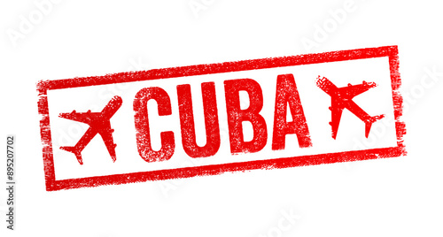 Cuba - country of the West Indies, the largest island of the archipelago, text emblem stamp with airplane