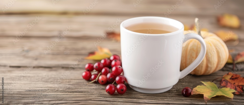 A white coffee cup with a pumpkin on top of it