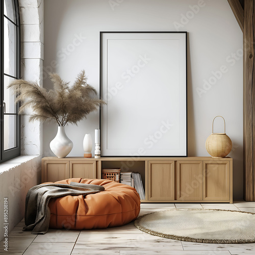 Aesthetic minimalist room interior design. Mockup picture frames. Mock up poster on the walls. Copy space. Clean scandi apartment for decoration. Neutral colors. Modern style.