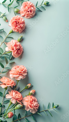 Flowers composition. Paper blank, carnation flowers, eucalyptus branches on pastel  background. Flat lay, top view, copy spaceFlat lay stiil life. photo