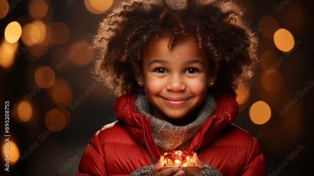 Naklejka premium Smiling curly-haired child holding a gift, in festive red sweater Christmas background.