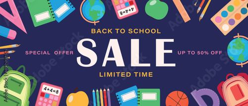 Back to school sale poster. Back to School Special Offer 50% Off.