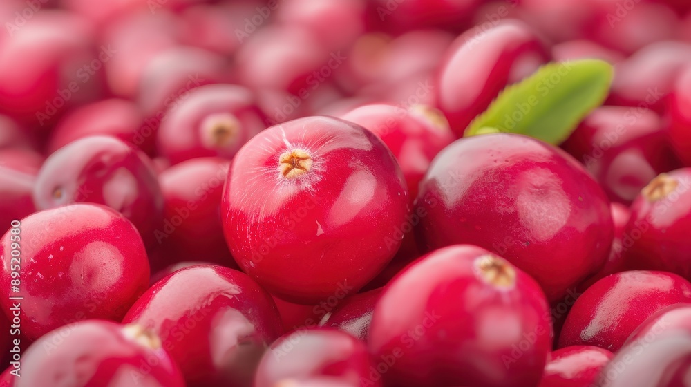 A bunch of red cranberries with a green leaf on top A bunch of red cranberries with a green leaf on top