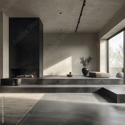 Minimalist Interior Design with Black Fireplace and Concrete Flooring