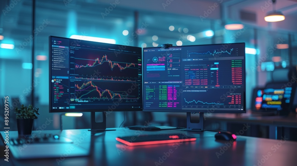 Futuristic Cryptocurrency Trading Platform in a Modern Office Setting, Perfect for Financial Reports Futuristic Cryptocurrency Trading Platform in a Modern Office Setting, Perfect for Financial Reports