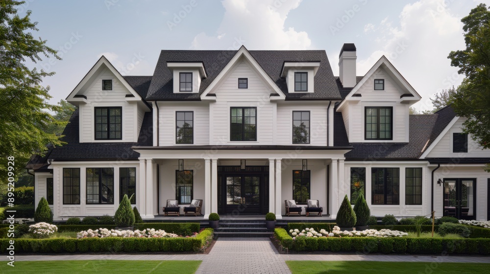 A brand new white contemporary farmhouse with dark roofs and trim. The house features multiple gables, large windows, and a well-maintained front yard with steps leading up to a spacious porch. A brand new white contemporary farmhouse with dark roofs and trim. The house features multiple gables, large windows, and a well-maintained front yard with steps leading up to a spacious porch.