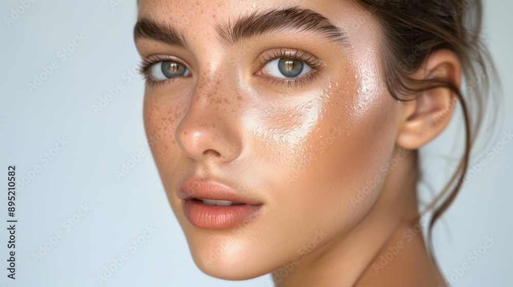 A close-up of a young woman with natural beauty, showcasing glowing skin, freckles, and strong eyebrows. The image has a soft and luminous style. A close-up of a young woman with natural beauty, showcasing glowing skin, freckles, and strong eyebrows. The image has a soft and luminous style.