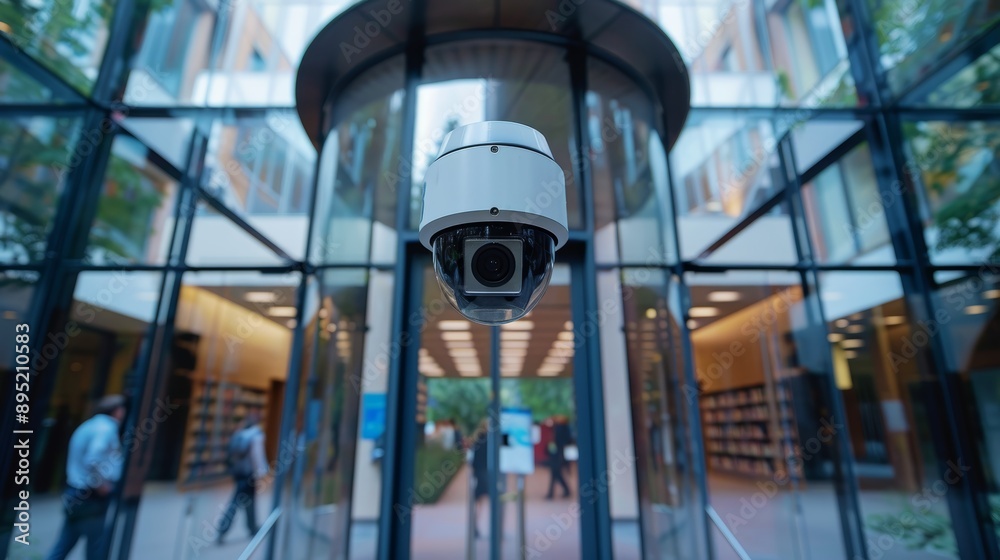 Modern Public Library Entrance with Surveillance Cameras Ensuring Visitor Safety and Security Modern Public Library Entrance with Surveillance Cameras Ensuring Visitor Safety and Security