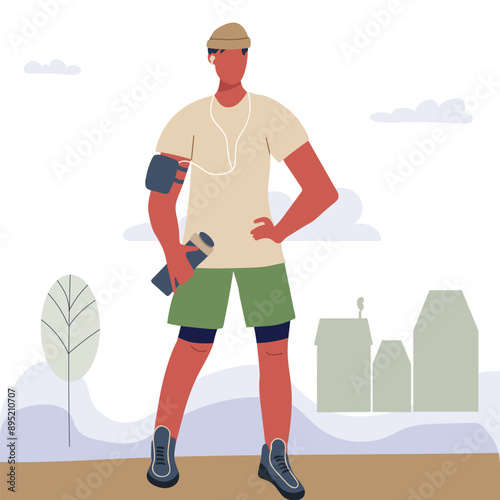 Male runner standing with a bottle of water after a run. Hydration after sports training, outdoor exercise. Active outdoor runner standing with flask. Flat vector illustration 
