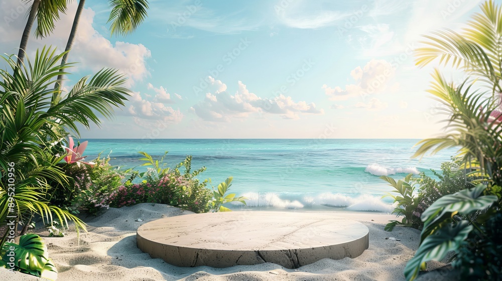 Fototapeta premium Beach podium summer background. beach summer background 3d