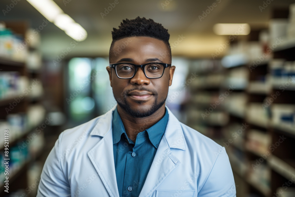 A confident black pharmacist, dressed in a lab coat and glasses, stands with arms crossed and an engaging smile. Generative Ai. A confident black pharmacist, dressed in a lab coat and glasses, stands with arms crossed and an engaging smile. Generative Ai.