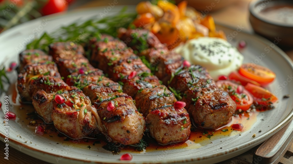 Grilled meat skewers with vegetables and sauce on plate. Grilled meat skewers with vegetables and sauce on plate.