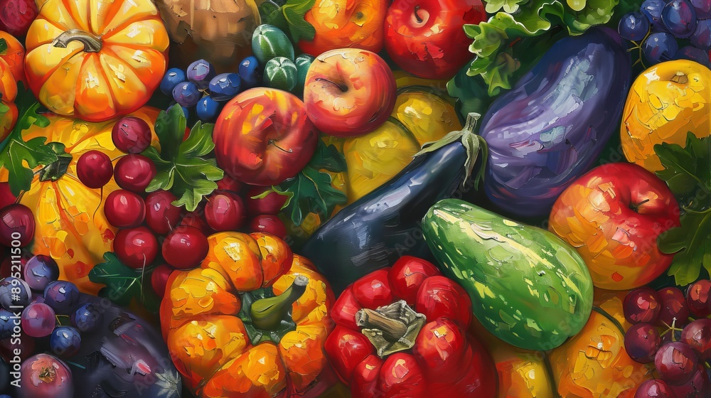 A painting of fruits and vegetables stacked up together. A painting of fruits and vegetables stacked up together.