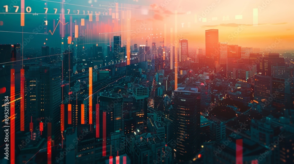 International City Skyline at Dusk with Forex Market Data Overlays for Financial Analysis and Business Use International City Skyline at Dusk with Forex Market Data Overlays for Financial Analysis and Business Use