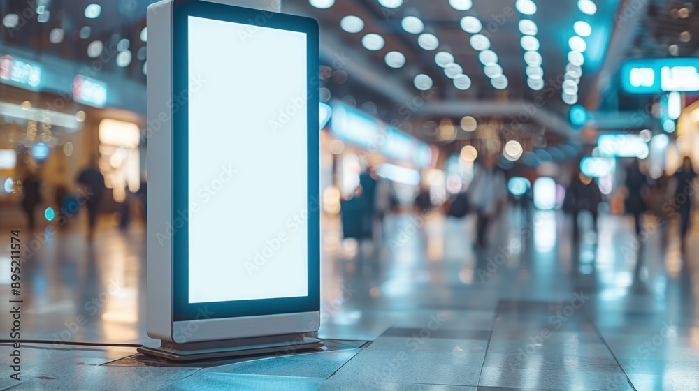 A clean and blank digital display signboard located in a modern, busy indoor area with blurred background lights and people. A clean and blank digital display signboard located in a modern, busy indoor area with blurred background lights and people.