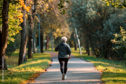 Senior Citizen Racewalking in a Tranquil Autumn Park for Health and Fitness Benefits © spyrakot