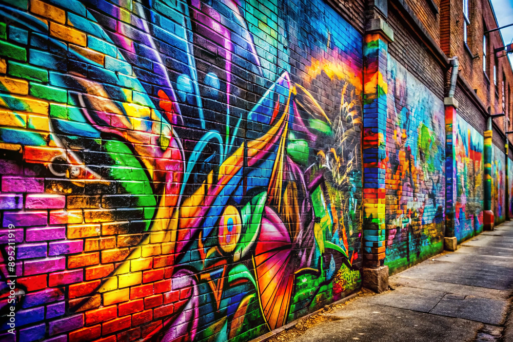 Colorful street art mural on a brick wall in an urban alleyway Colorful street art mural on a brick wall in an urban alleyway